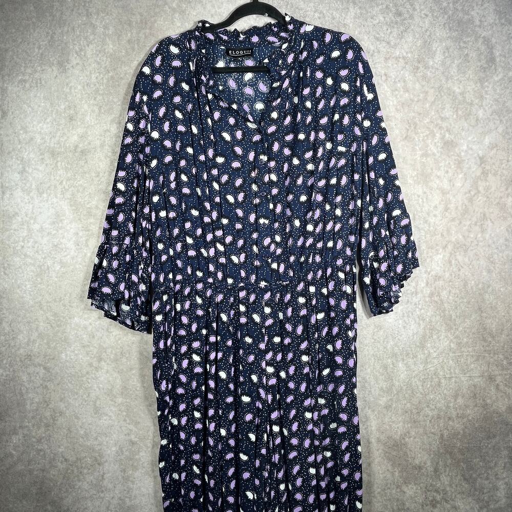 Eloquii Jumpsuit Women 18 Purple Paisley Button Front Long Sleeve Ruffle Stretch
